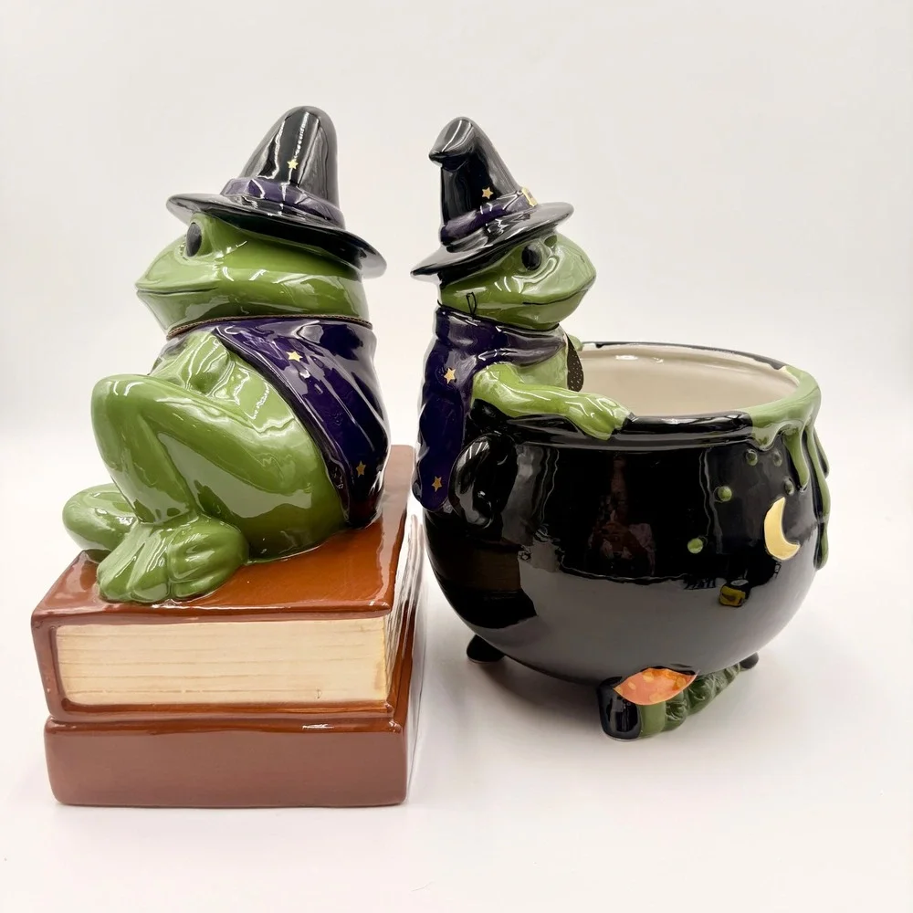 Haunted Halloween Ceramic Witch Frog Cookie Jar and Cauldron Candy Dish Set NEW